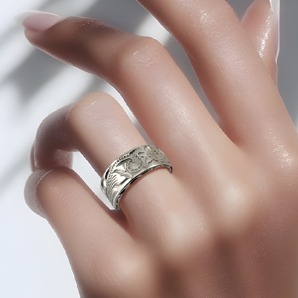 *NEW* Wide Band 925 Silver Boho Carved Flower Ring
